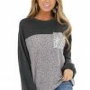 12PM Tops Charcoal Leopard Print Puff Sleeve Top With Sequin Pocket