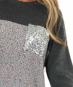 12PM Tops Charcoal Leopard Print Puff Sleeve Top With Sequin Pocket