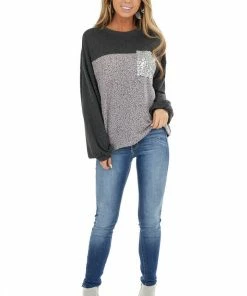 12PM Tops Charcoal Leopard Print Puff Sleeve Top With Sequin Pocket