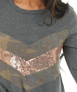 Lovely Melody Charcoal Long Sleeve Top With Sequin And Camo Details