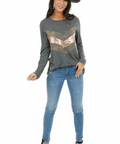 Lovely Melody Charcoal Long Sleeve Top With Sequin And Camo Details