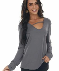 La Miel Tops Charcoal Long Sleeve V Neck Cut Out Knit Top