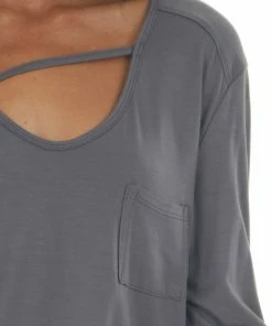 La Miel Tops Charcoal Long Sleeve V Neck Cut Out Knit Top