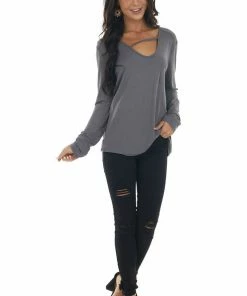 La Miel Tops Charcoal Long Sleeve V Neck Cut Out Knit Top