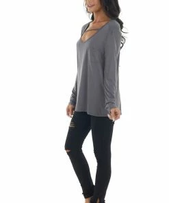 La Miel Tops Charcoal Long Sleeve V Neck Cut Out Knit Top