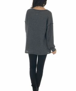 BiBi Charcoal Loose Waffle Knit Chest Pocket Top