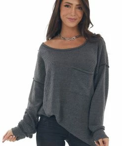 BiBi Charcoal Loose Waffle Knit Chest Pocket Top