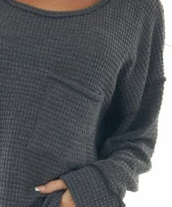 BiBi Charcoal Loose Waffle Knit Chest Pocket Top