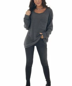 BiBi Charcoal Loose Waffle Knit Chest Pocket Top