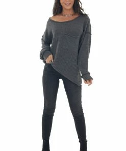 BiBi Charcoal Loose Waffle Knit Chest Pocket Top
