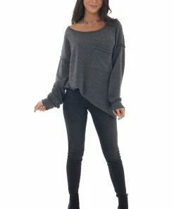 BiBi Charcoal Loose Waffle Knit Chest Pocket Top