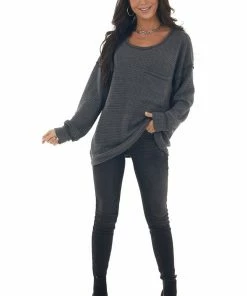 BiBi Charcoal Loose Waffle Knit Chest Pocket Top