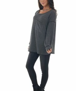 BiBi Charcoal Loose Waffle Knit Chest Pocket Top