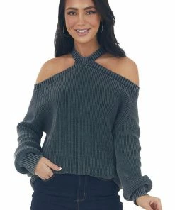 BiBi Charcoal Mineral Washed Cold Shoulder Sweater