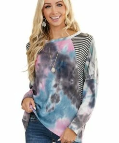 Haptics Charcoal Multicolor Tie Dye Top With Multiprint Contrast