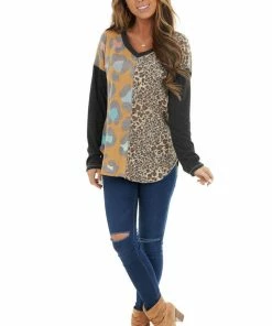 RAE MODE Tops Charcoal Multicolored Leopard Print Long Sleeve Knit Top