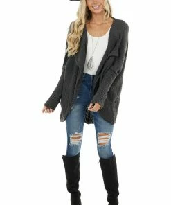 Lime Lush Charcoal Open Front Cardigan With Long Dolman Sleeves