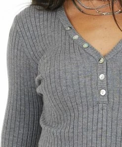 La Miel Tops Charcoal Rib Knit Henley Long Sleeve V Neck Top