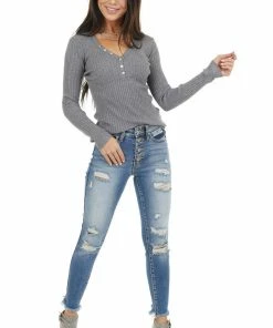 La Miel Tops Charcoal Rib Knit Henley Long Sleeve V Neck Top