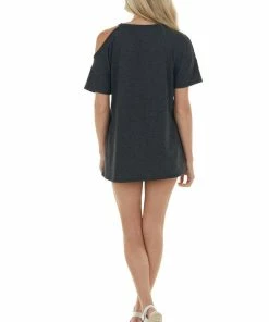 HEIMISH Charcoal Short Sleeve Cold Shoulder Stretchy Knit Top Tops