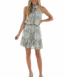 Sweet Lemon Charcoal Snake Print Halter Neck Short Dress Dresses