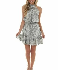 Sweet Lemon Charcoal Snake Print Halter Neck Short Dress Dresses