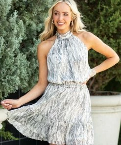 Sweet Lemon Charcoal Snake Print Halter Neck Short Dress Dresses