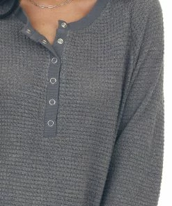 143 Story Tops Charcoal Snap Button Side Slit Waffle Knit Top
