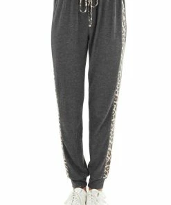 First Love Charcoal Soft Knit Joggers With Leopard Print Side Contrast