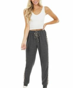 First Love Charcoal Soft Knit Joggers With Leopard Print Side Contrast