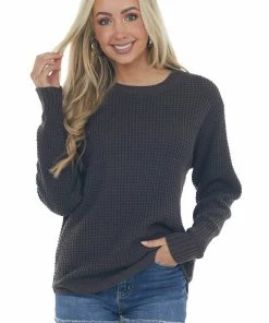 ZENANA Tops Charcoal Thick Waffle Knit Curved Hem Sweater