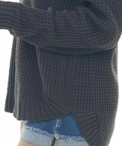 ZENANA Tops Charcoal Thick Waffle Knit Curved Hem Sweater
