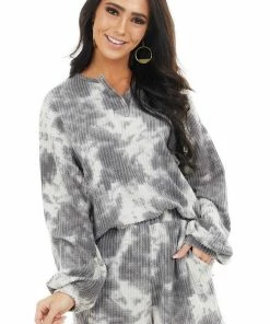 12PM Charcoal Tie Dye Print Waffle Knit Long Sleeve V Neck Top