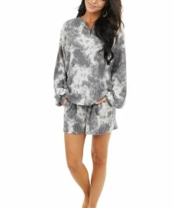 12PM Charcoal Tie Dye Print Waffle Knit Long Sleeve V Neck Top