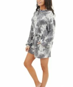 12PM Charcoal Tie Dye Print Waffle Knit Long Sleeve V Neck Top