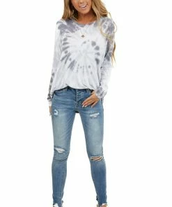 FSL APPAREL Charcoal Tie Dye Soft Knit Top With Long Sleeves Tops