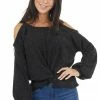 Peach Love Tops Charcoal Two Tone Long Sleeve Knit Top With Cold Shoulders