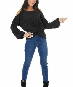 Peach Love Tops Charcoal Two Tone Long Sleeve Knit Top With Cold Shoulders