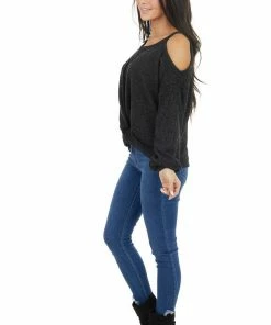 Peach Love Tops Charcoal Two Tone Long Sleeve Knit Top With Cold Shoulders