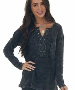 BiBi Tops Charcoal Washed Thermal Knit Chest Pocket Top