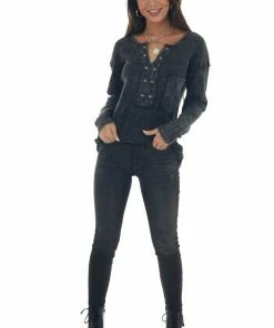 BiBi Tops Charcoal Washed Thermal Knit Chest Pocket Top 17 BiBi Tops Charcoal Washed Thermal Knit Chest Pocket Top