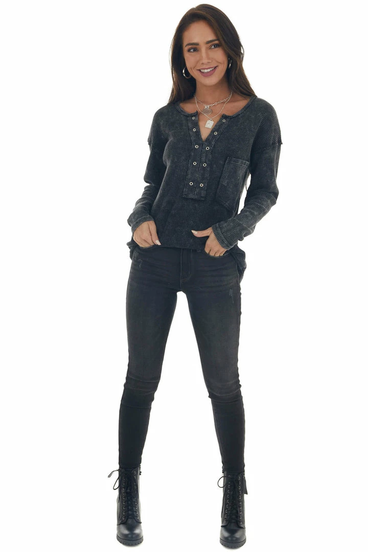 BiBi Tops Charcoal Washed Thermal Knit Chest Pocket Top 6 BiBi Tops Charcoal Washed Thermal Knit Chest Pocket Top