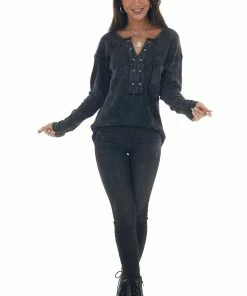 BiBi Tops Charcoal Washed Thermal Knit Chest Pocket Top 16 BiBi Tops Charcoal Washed Thermal Knit Chest Pocket Top