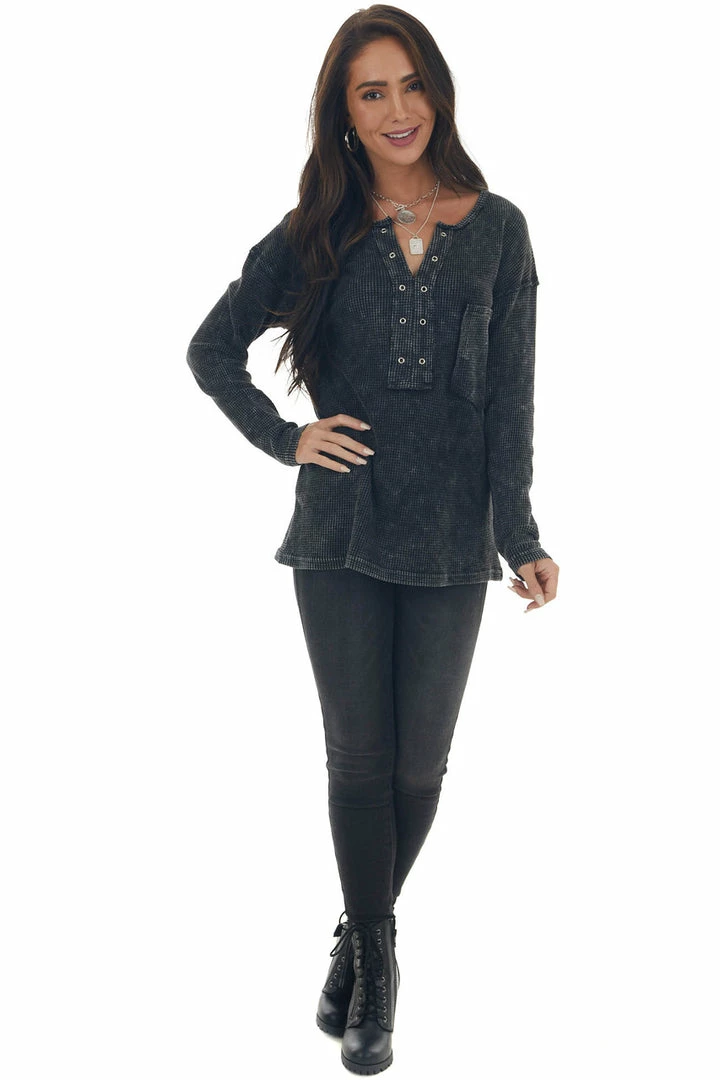 BiBi Tops Charcoal Washed Thermal Knit Chest Pocket Top 4 BiBi Tops Charcoal Washed Thermal Knit Chest Pocket Top