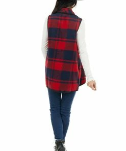HYFVE Cherry And Navy Open Front Plaid Print Vest With Lapel Outerwear