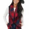 HYFVE Cherry And Navy Open Front Plaid Print Vest With Lapel Outerwear