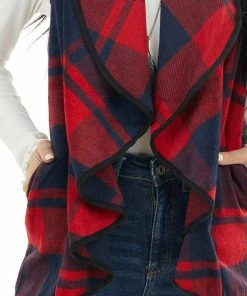 HYFVE Cherry And Navy Open Front Plaid Print Vest With Lapel Outerwear