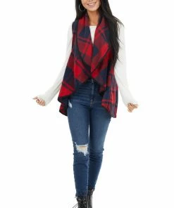 HYFVE Cherry And Navy Open Front Plaid Print Vest With Lapel Outerwear