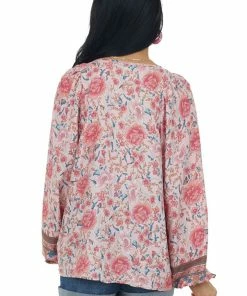 Miss Sparkling Cherry Blossom Floral Print Split Neck Blouse Tops