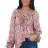 Miss Sparkling Cherry Blossom Floral Print Split Neck Blouse Tops